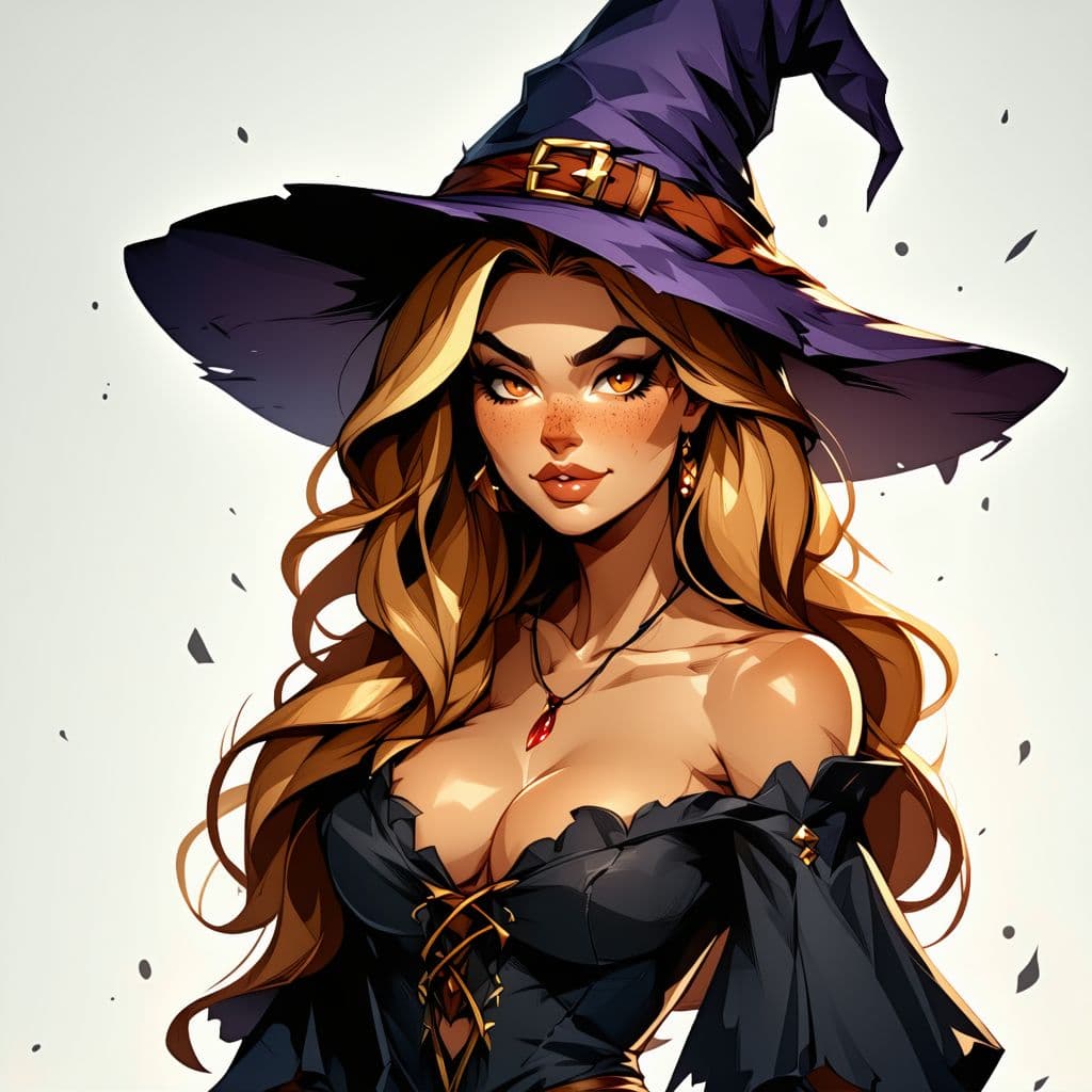 AI generated: Dark fantasy witch with blonde caramel hair and light brown skin and curvy voluptuous body