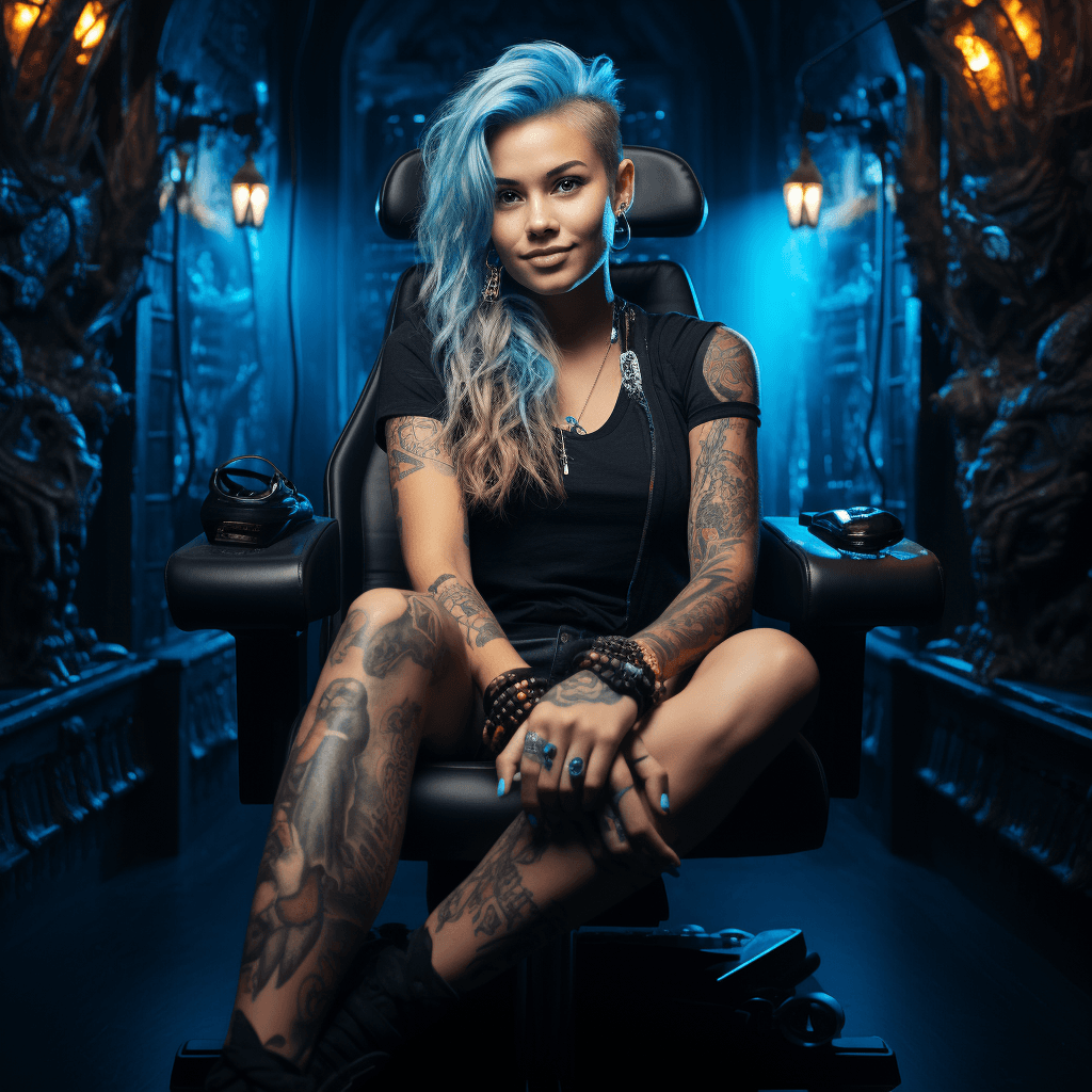 AI generated: cute skiny smiling woman, sitting on the throne, full body tattoos, game of thrones, looking at view...
