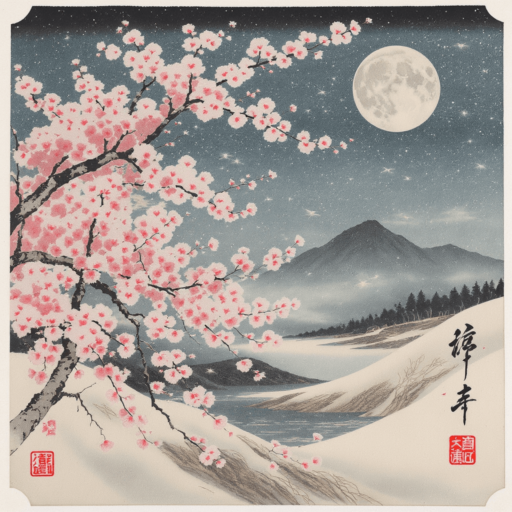 AI generated: Cherry blossoms and the moon in the style of Ukiyo-e, delicate brushwork, ink stamp at the bottom ri...