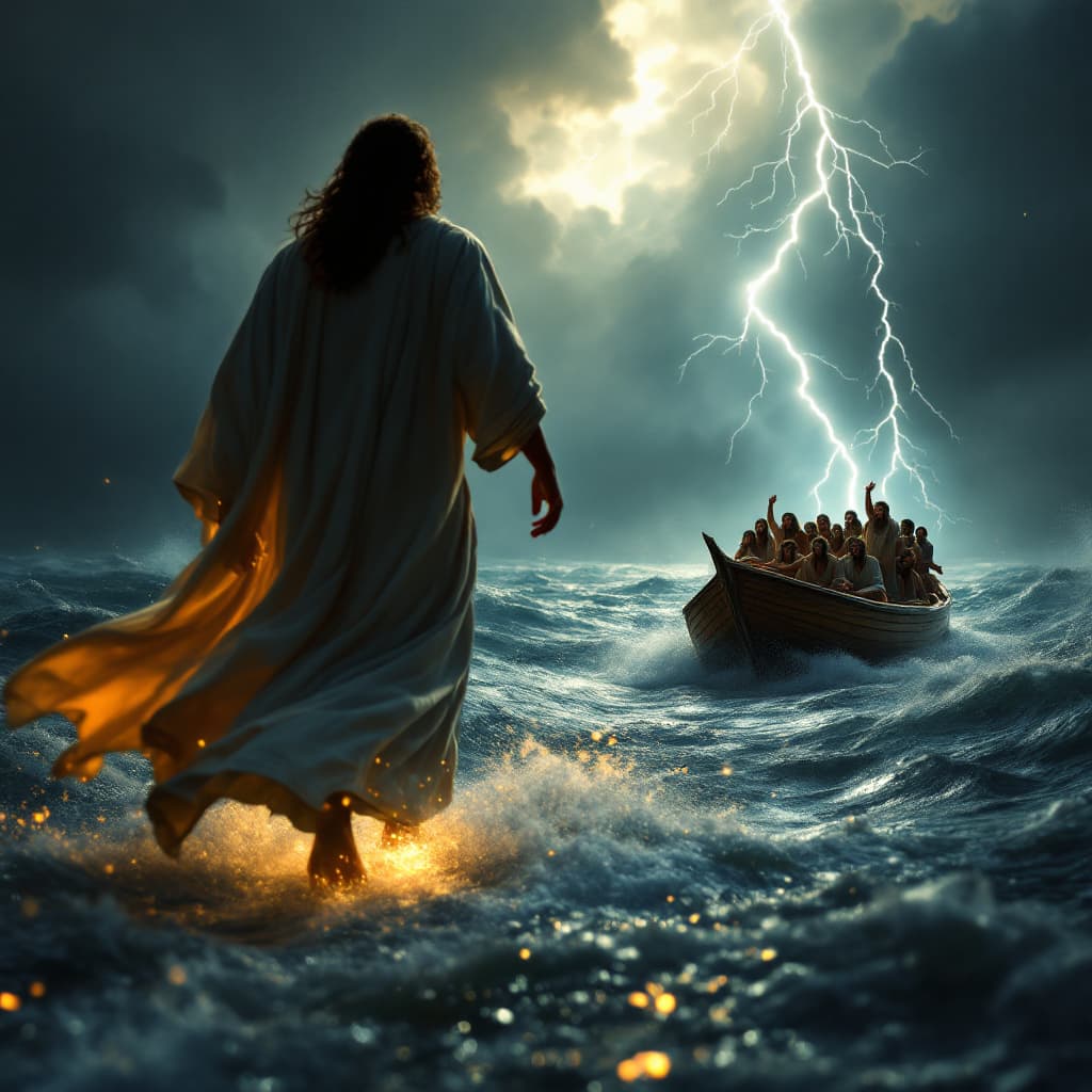 AI generated: A cinematic slow-motion video of Jesus walking on stormy water at night, based on John 6:15–21. View...