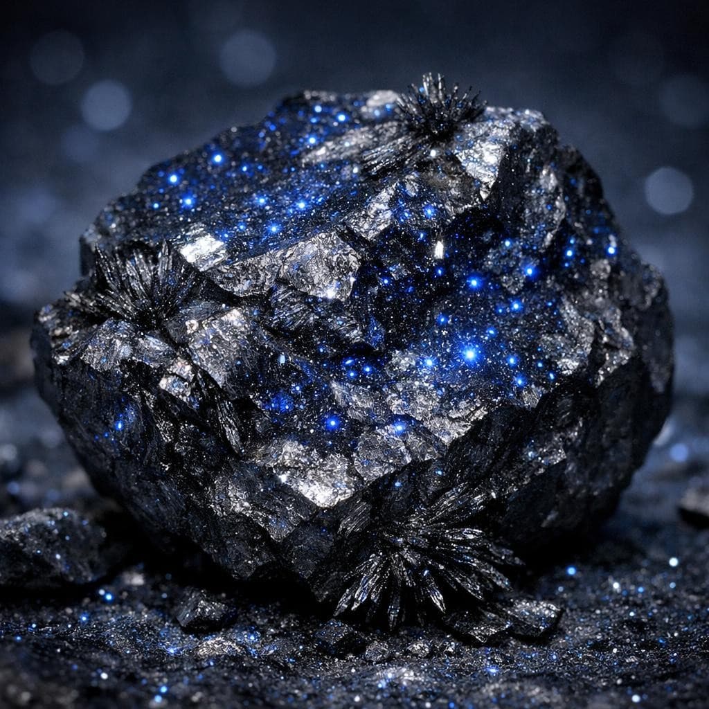 AI generated: a magnetic rock that sparkles with specs of navy blue like snow reflecting moon light