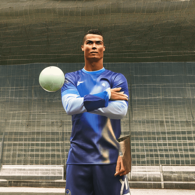 AI generated: front shot of (Ronaldo) with the (blue (twitter) bird) perched on his shoulder, 8k, hyperrealistic, ...