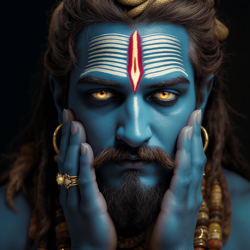AI generated: A hyper-realistic digital artwork of a man inspired by Lord Shiva, with blue skin, intense eyes, ash...