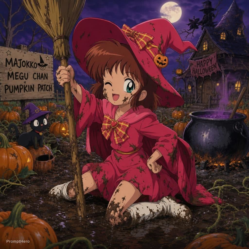 AI generated: LoRa, Anime Megu Kanzaki from Majokko Megu Chan at a muddy witchy Halloween Pumpkin patch