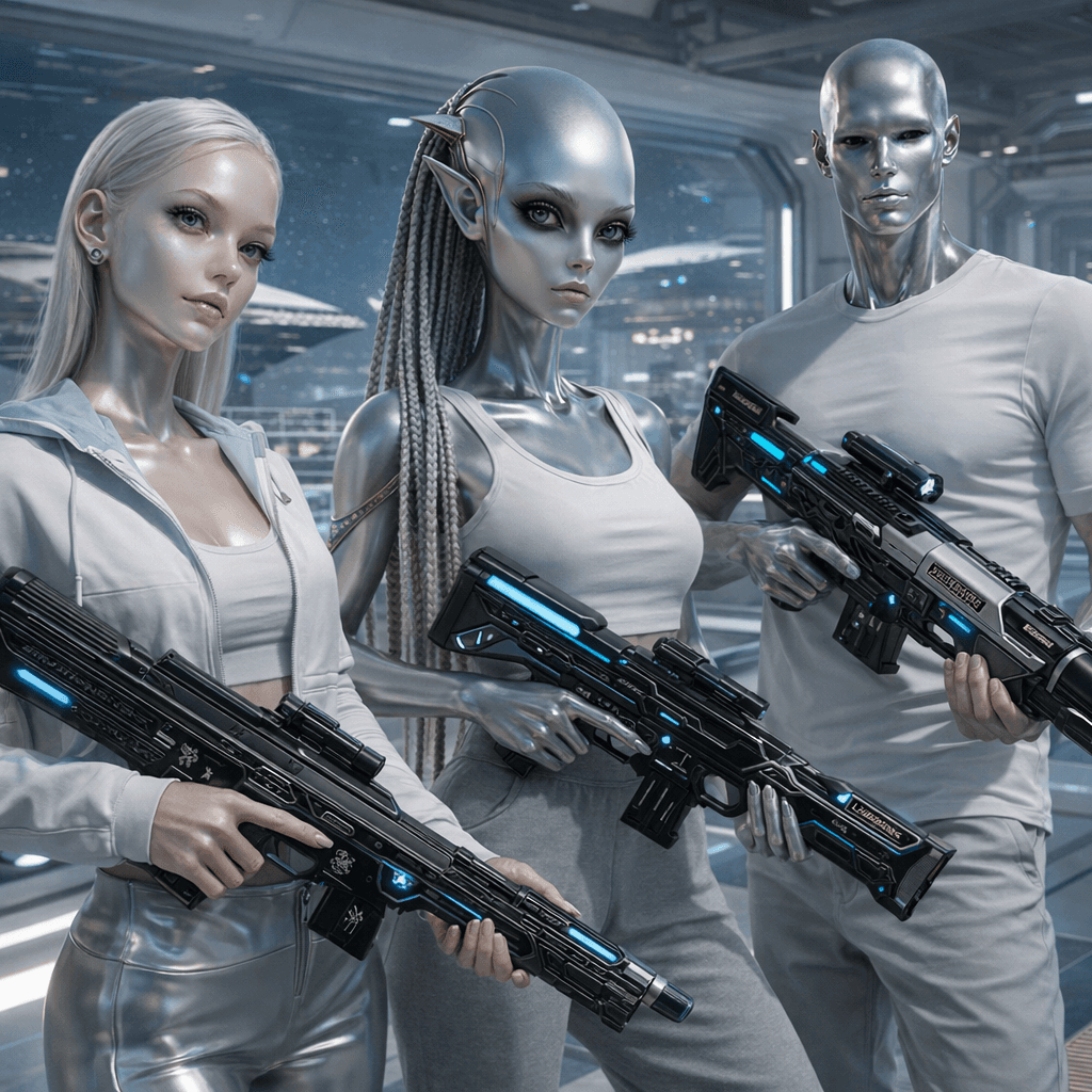 AI generated: Create an image where all the charactes are casually holding the reference weapons in a pose. Change...