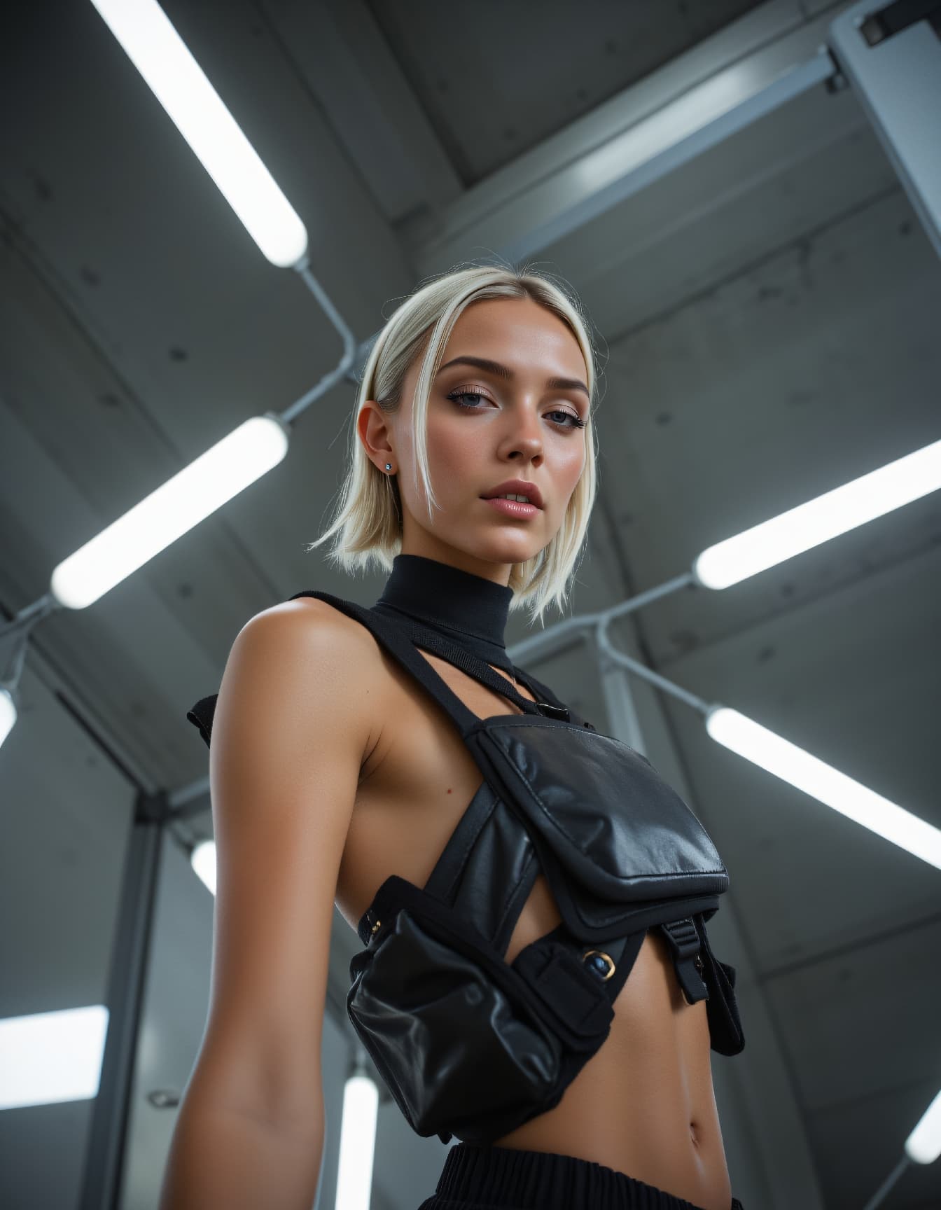 AI generated: travel photography, Brutalist high Fashion low angle photo
of a 24 year old Icelandic-Tuareg female...
