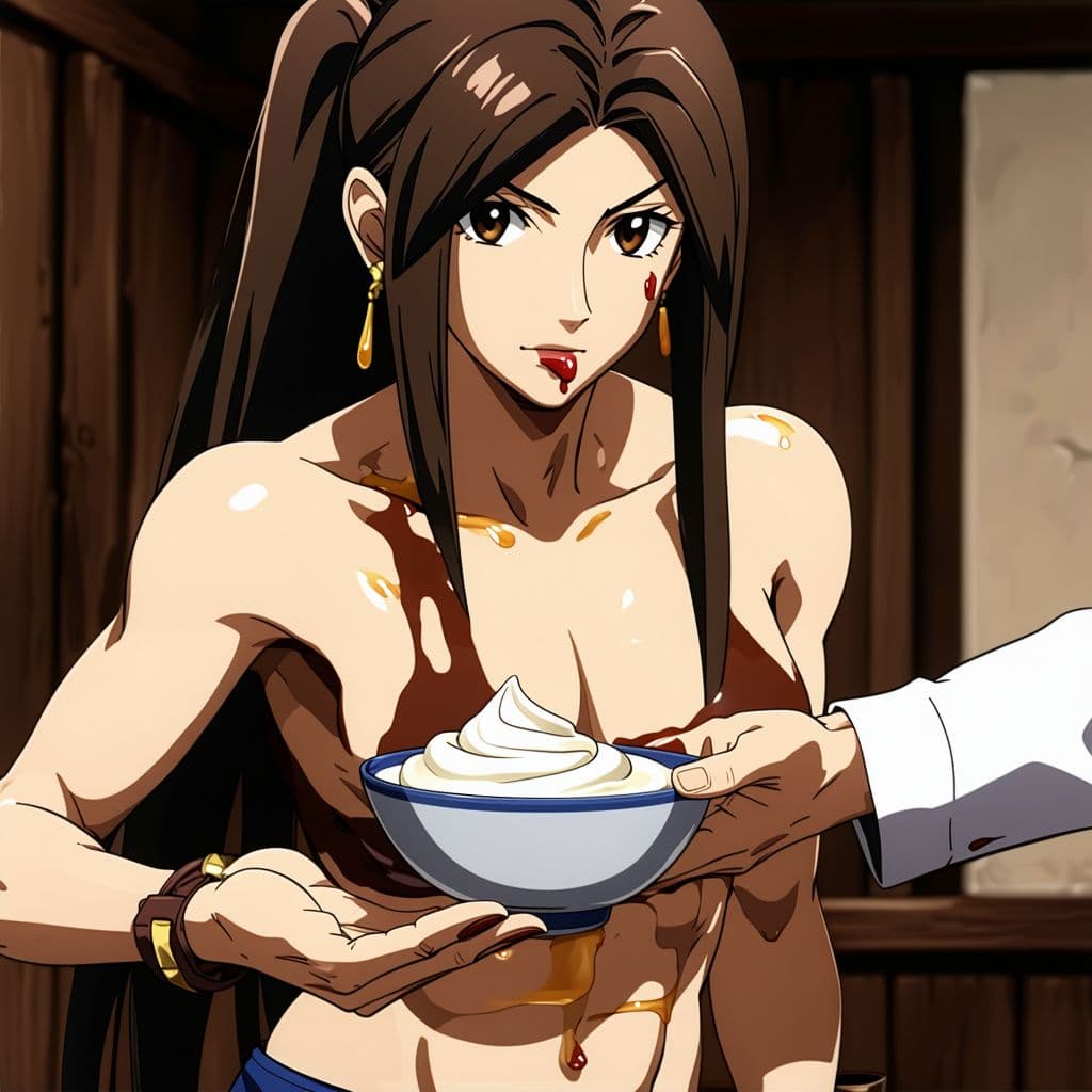 AI generated: Man handing tifa lockhart a bowl of cream/chocolate/honey and telling them to spread them on their o...