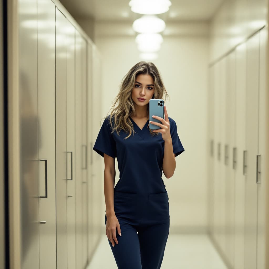 AI generated: A woman in a form-fitting navy blue nurse scrub suit, full portrait. The woman has long tousled dirt...
