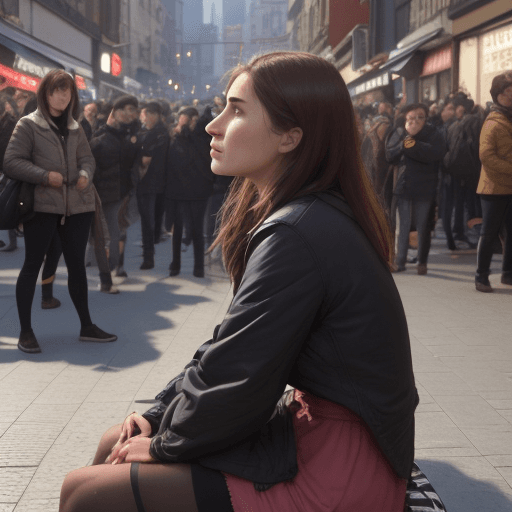 AI generated: A woman is sitting on middle of streat. Crowds of people very close to her look at her.