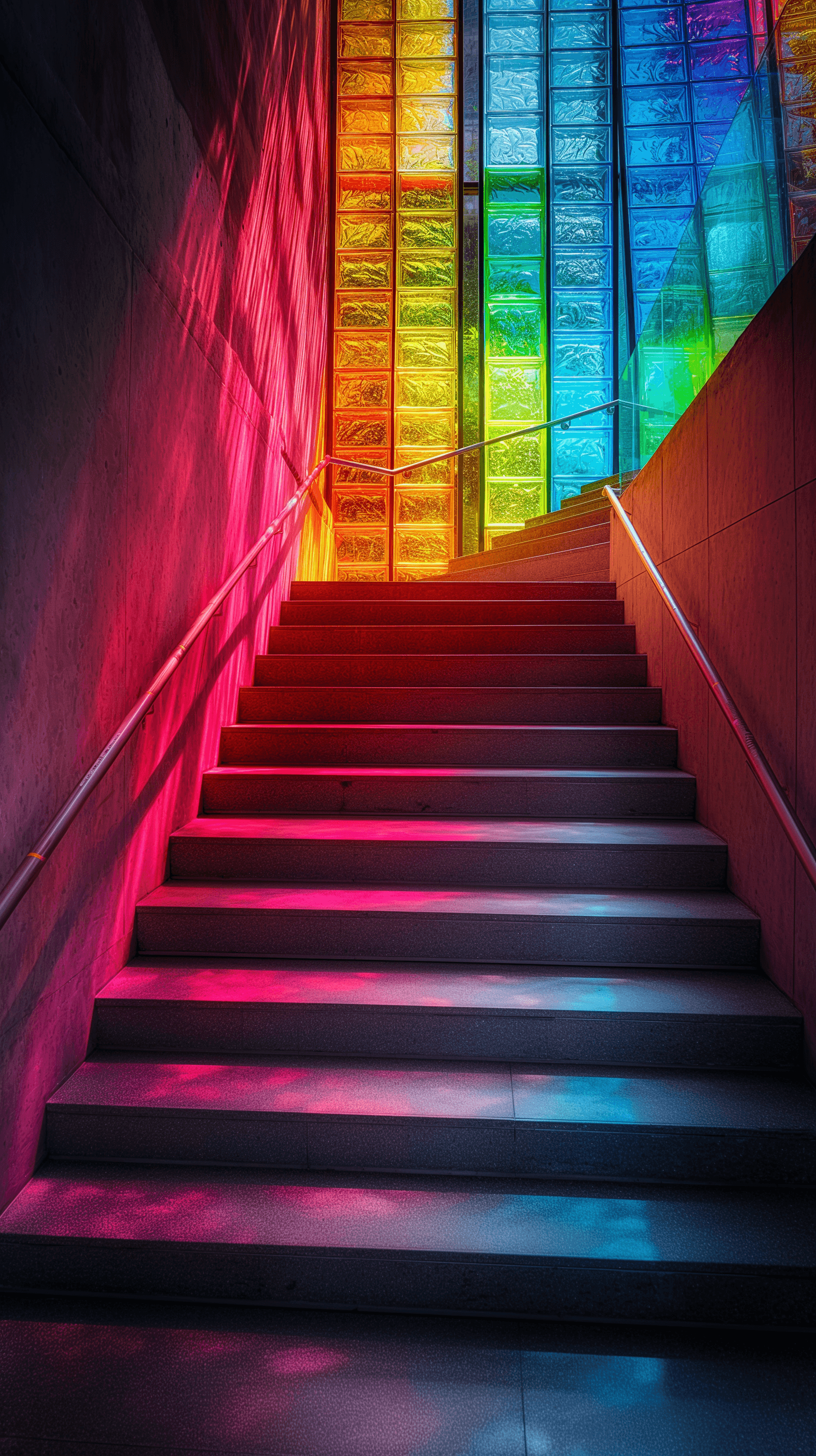 AI generated: architectural photography, light and shadow on rainbow color concrete, staircase descending, capture...