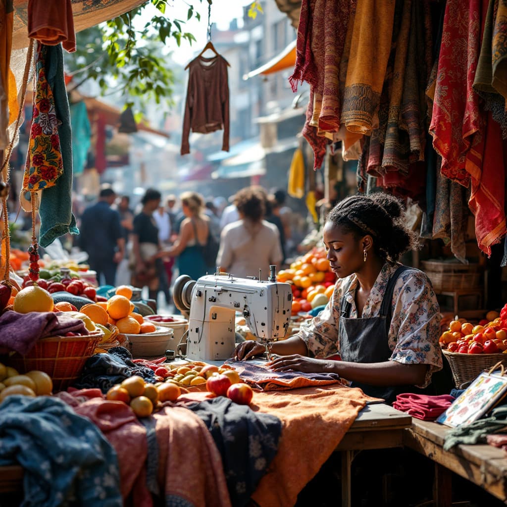 AI generated: "An urban market scene bustling with vibrant activity, featuring a tailor seated at a sewing machine...
