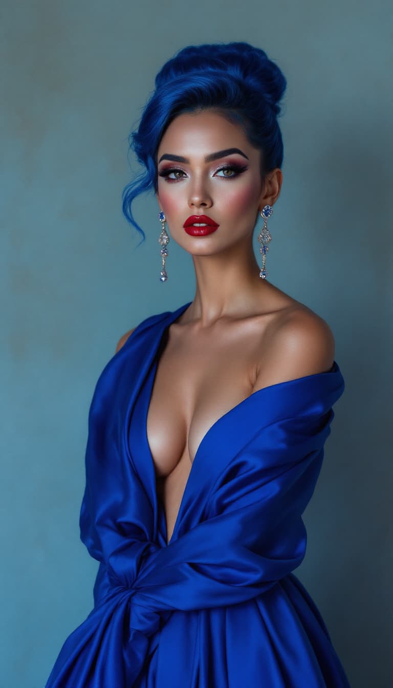 AI generated: "Azure Majesty under Soft Illumination": A sophisticated figure with rich, azure-blue hair styled in...