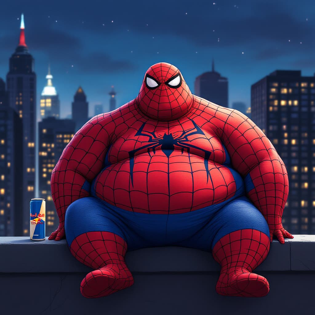 AI generated: A humorous, realistic illustration of Spider-Man sitting casually on a rooftop ledge, facing the cam...