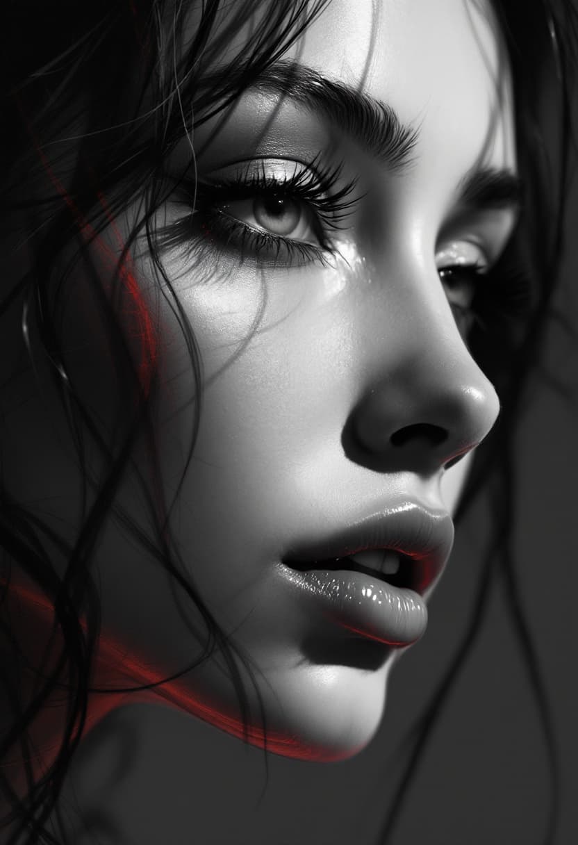 AI generated: Female face sketch, expressive lines in beautiful portrait style. Black and white still life in red ...