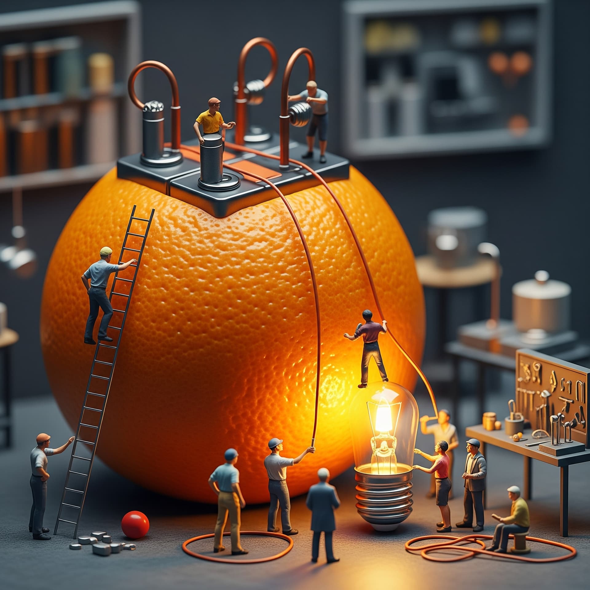 AI generated: A photorealistic image of an orange acting as a makeshift battery in a whimsical miniature world, ak...