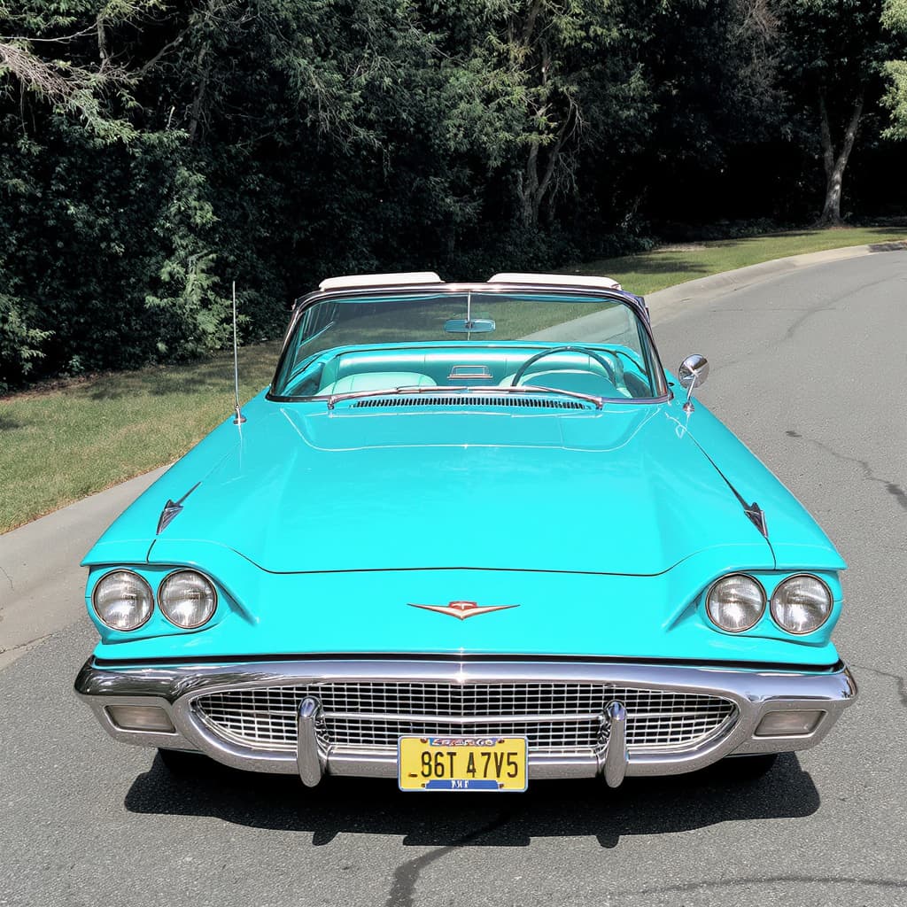 AI generated: 1960 thunderbird convertible in turquoise front angle
