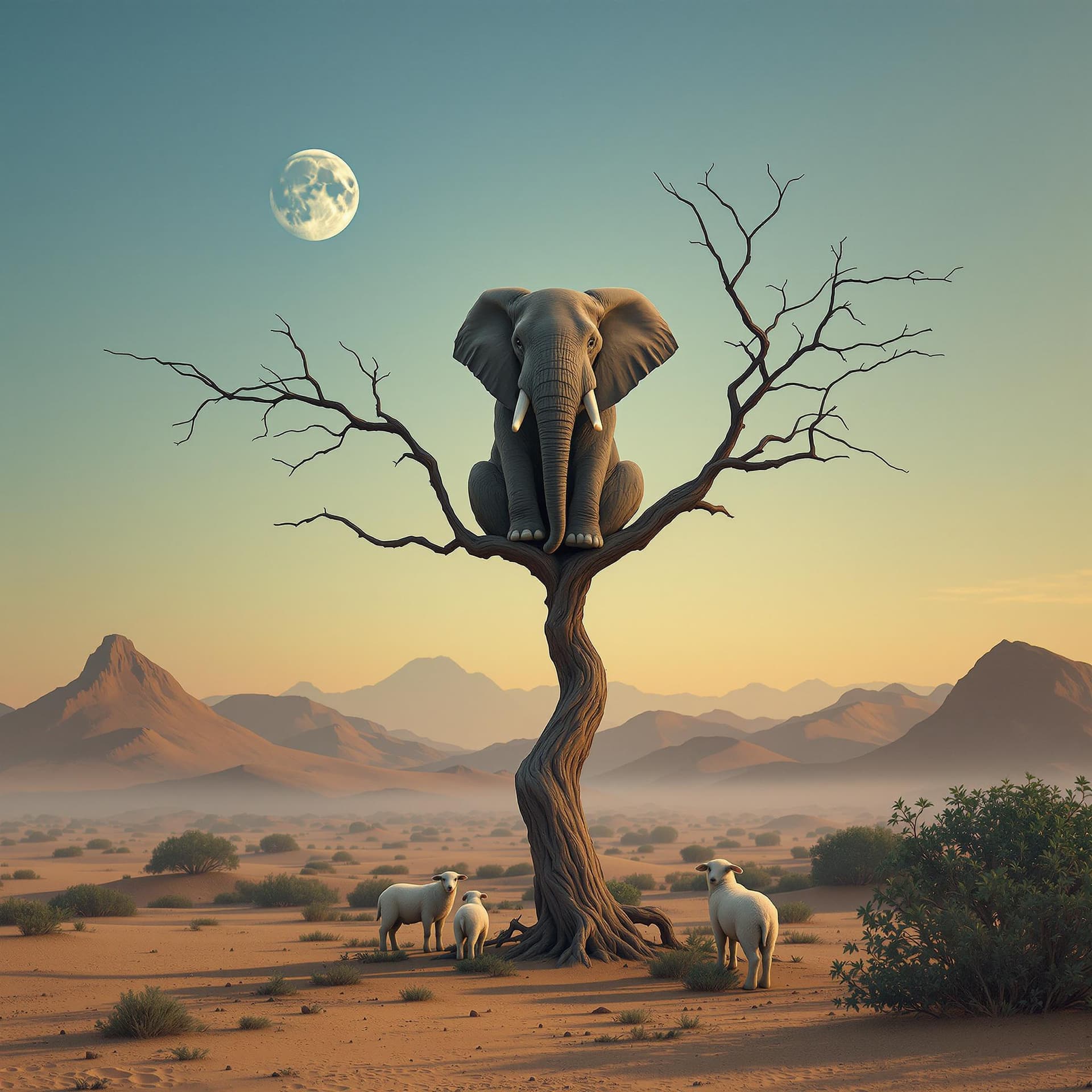 AI generated: A surreal depiction of an elephant, facing away the viewer, sitting on a thin, fragile looking bare ...