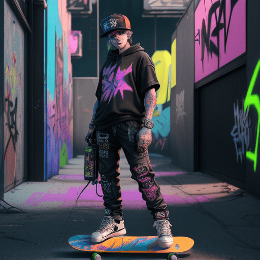 AI generated: Cyberpunk style, a cat standing on a skateboard, wearing a backwards baseball cap and holding a boom...