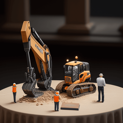 AI generated: a man is auctioning off a miniature excavator that he has on a table in front of him. there are peop...