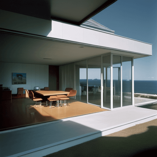 AI generated: Hyper realistic eye level exterior photo of a mid century modern style house overlooking the ocean, ...