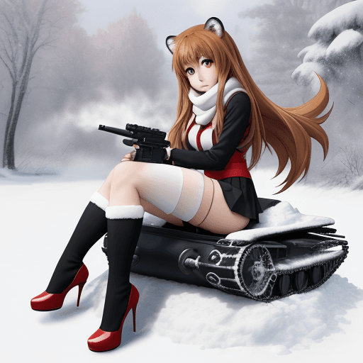 AI generated: taiga aisaka, anime, sit on realistic tank and hug gun turret, winter red school uniform, long hair,...