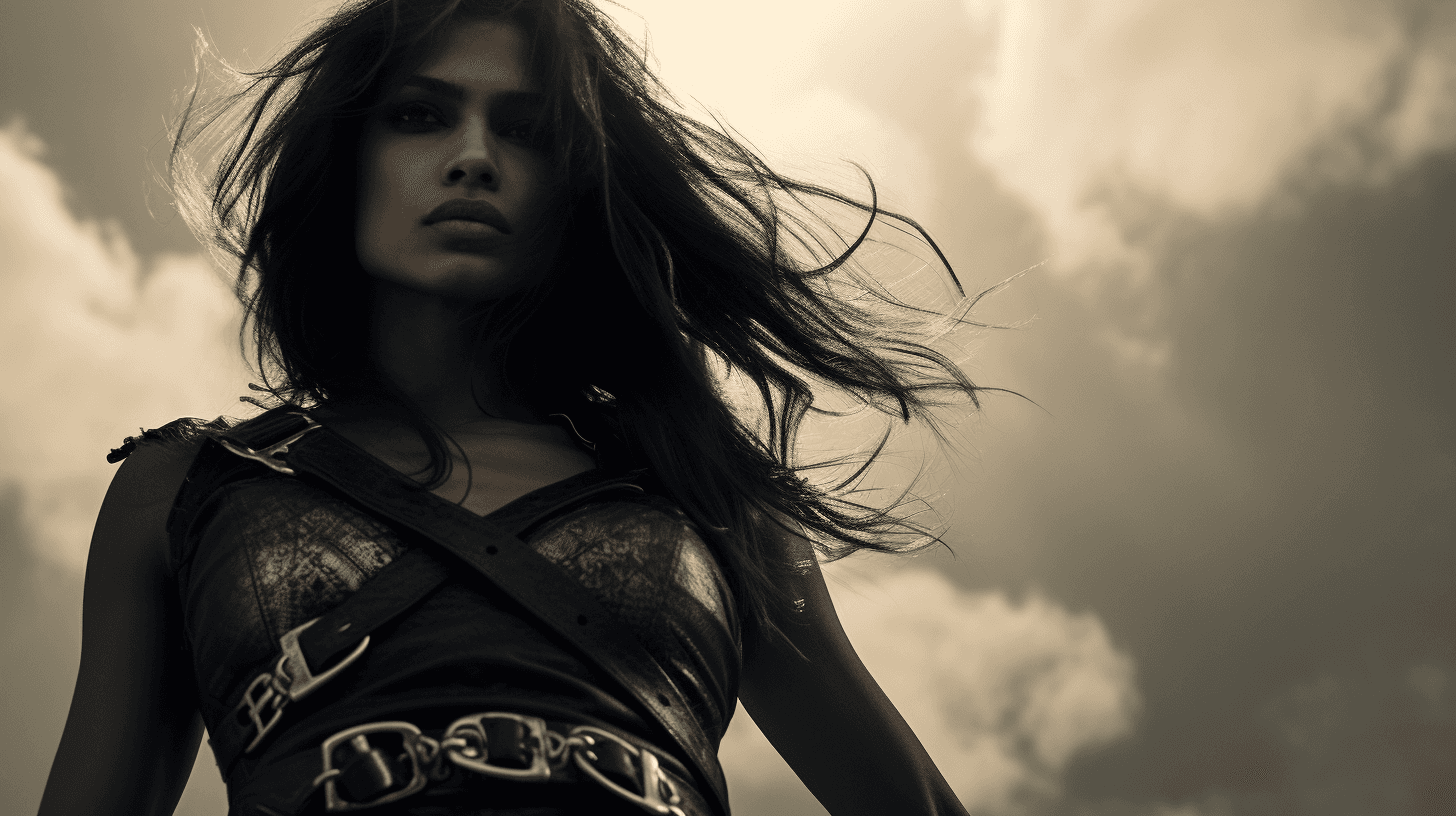 AI generated: frieda pinto as apocalyptic fighter, 16-35mm lens, f/1.8, global illumination, natural light, upligh...