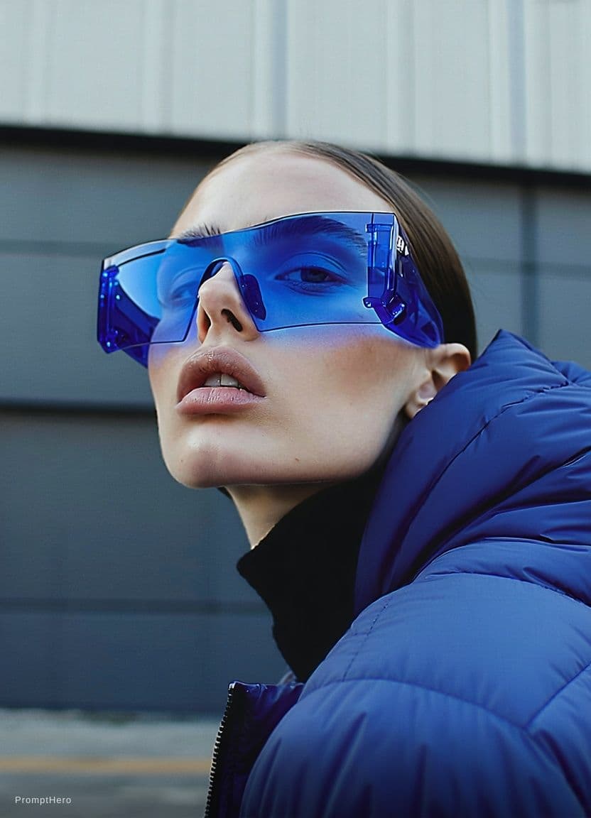 AI generated: Fashion shoot, Jacquemus and Moncler collaboration: dark blue translucent futuristic sunglasses, hyp...