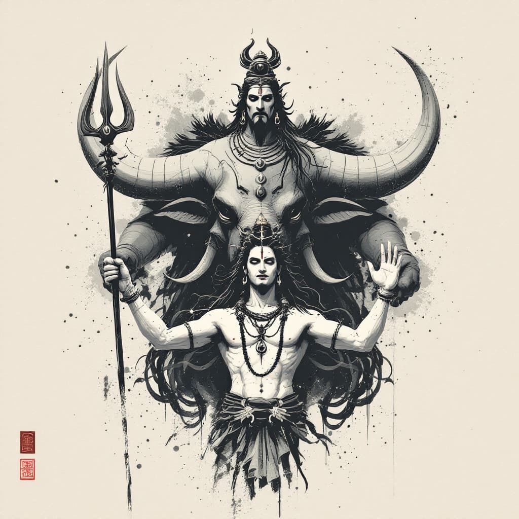 AI generated: japanese style lord shiva in front of a Nandi Bull, in the style of minimalist ink wash, 2d game art...