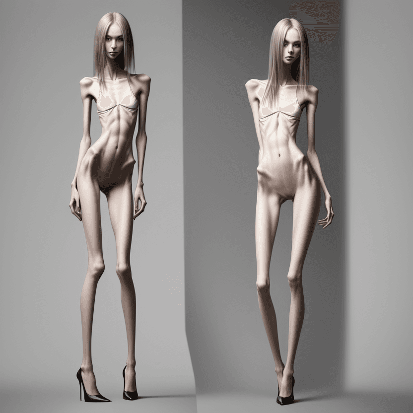 AI generated: extreme beautiful skinny slender (almost anorexic) girl with skinny slender thighs narrow, long fing...