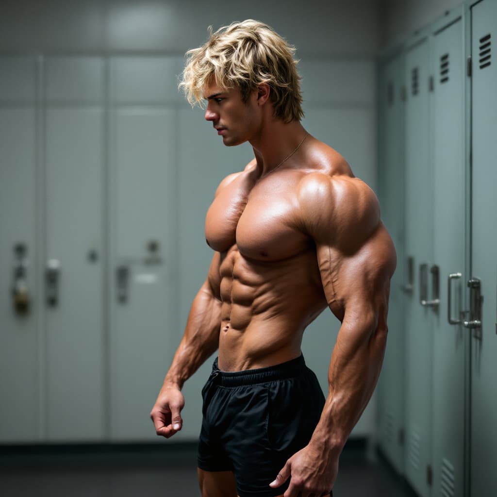 AI generated: side view of handsome male bodybuilder with large chest and arms, with blonde shaggy hair, wearing b...