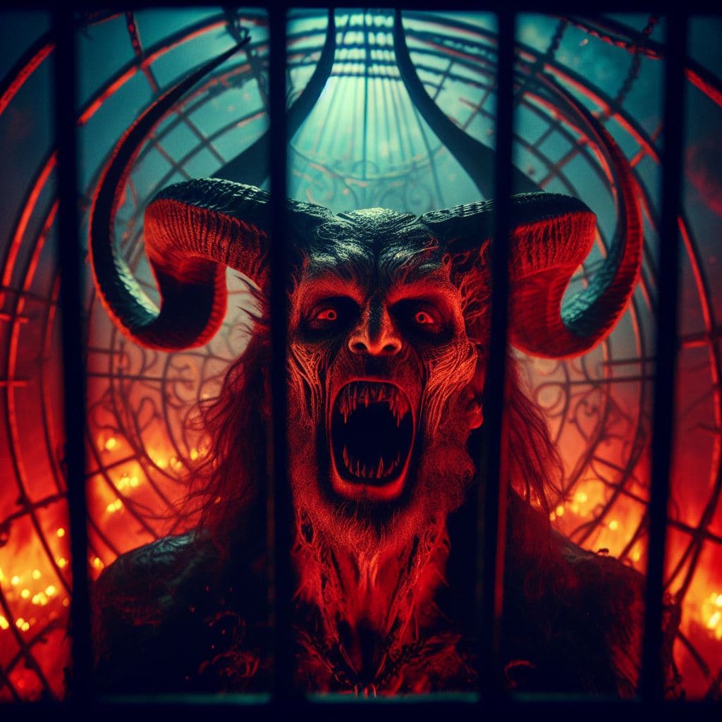 AI generated: Lucifer in a mystical cage in hell, scary, epic, apocalypse, very detailed, Greg Rutkowski, Jesper E...