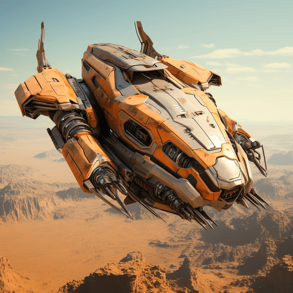 AI generated: a futuristic spacecraft winging through the sky, orange and beige color, in the style of realistic l...
