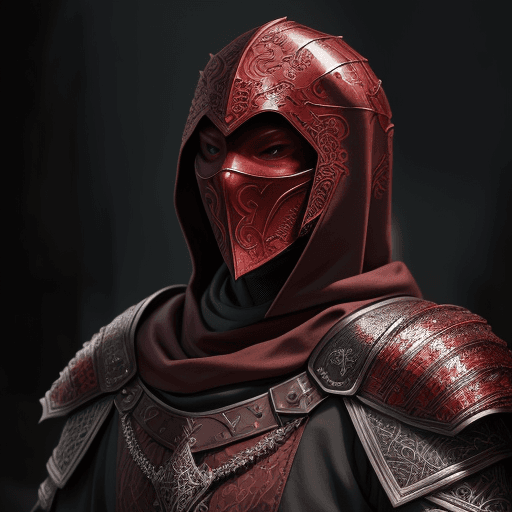 AI generated: closeup of cleric from the Middle Ages in dragon scale armor, with face covered by shade of dark-red...