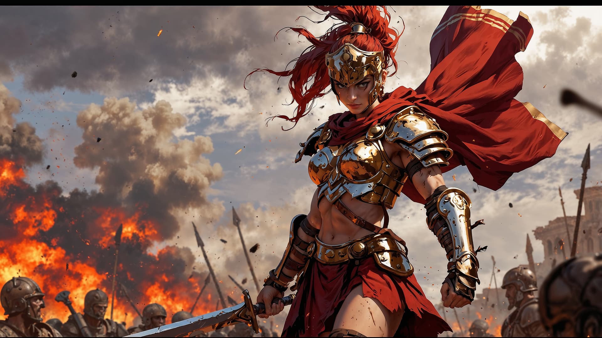 AI generated: Vibrant and Cinematic image of a strong and fierce Roman female Centurion standing confidently on a ...