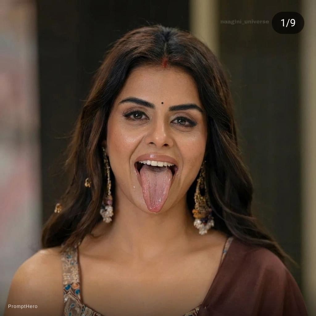 AI generated: Make her long tongue out more wide realistic with visible teeth and saliva on tongue
