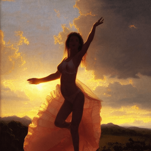 AI generated: volumetric lighting, sunset, full body scene, woman, happy, smiling, cute, festival, jumping, sunny ...
