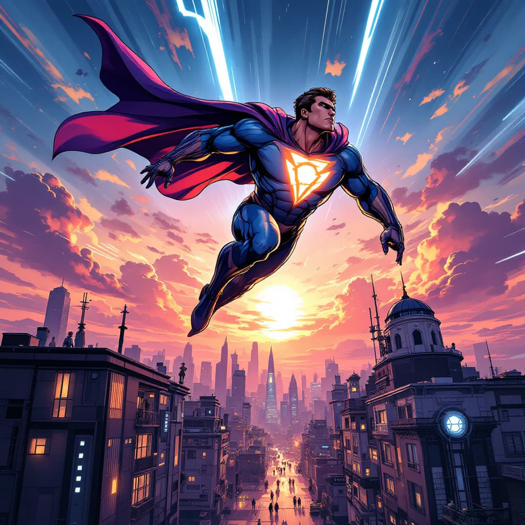 AI generated: 	1.	超人形象與背景設定：
“A heroic, muscular superhero with a glowing emblem on his chest, flying through a fu...