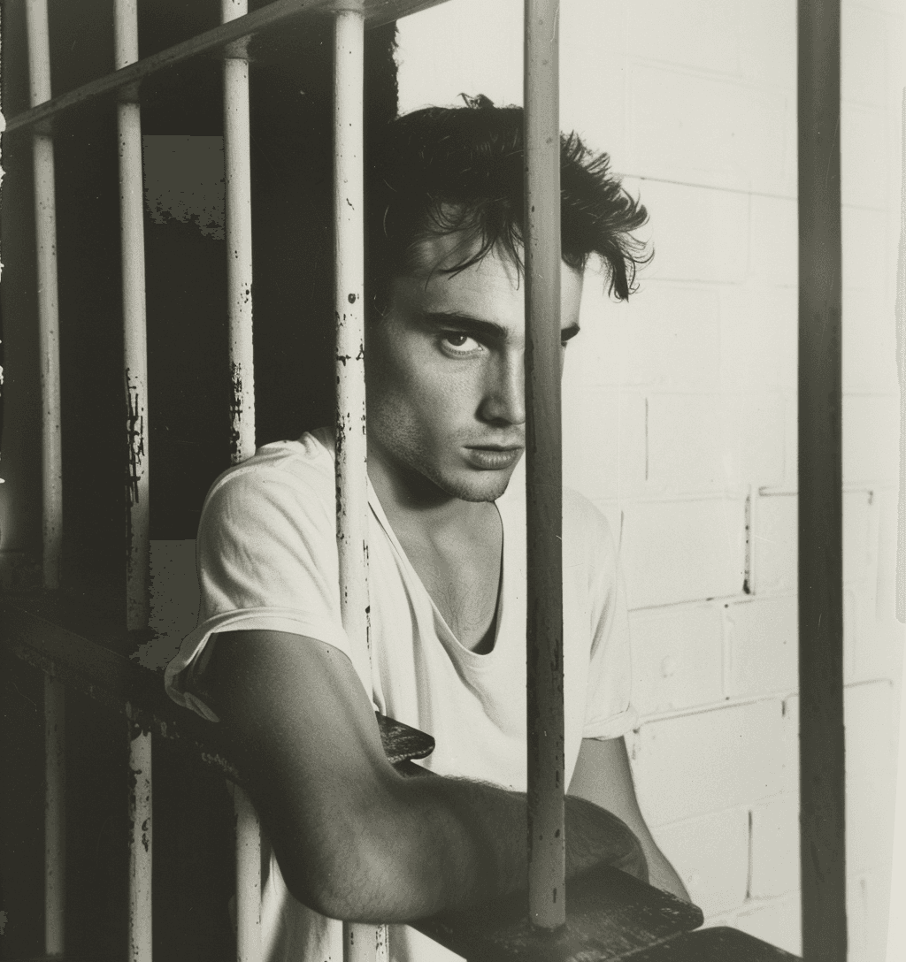 AI generated: Vintage photo of a young handsome man wearing a white t-shirt, in a prison cell, facing the camera, ...