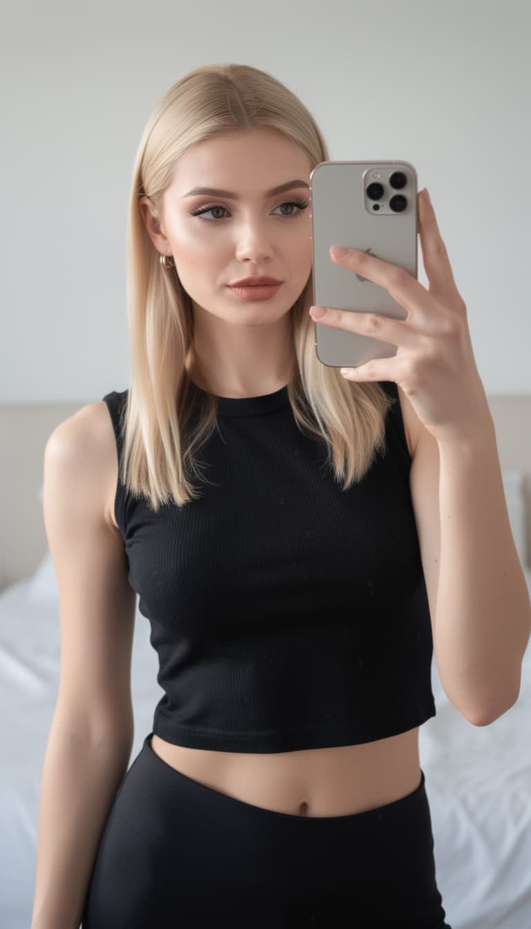 AI generated: white skin blonde with skinny hot face selfie with a phone her phone can seen, d-cups, tight black c...