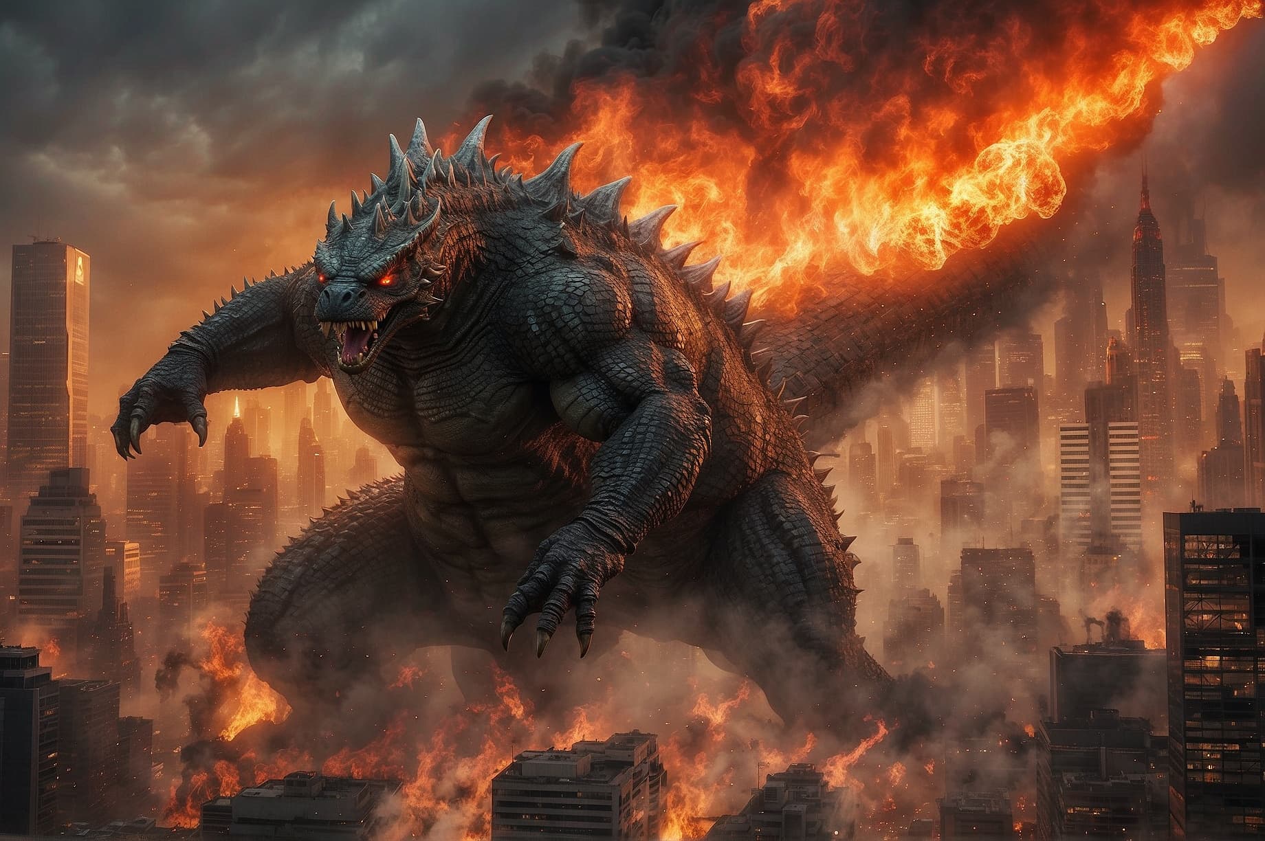 AI generated: A monstrous Godzilla, known for its destructive nature, unleashes chaos upon a bustling city. This v...