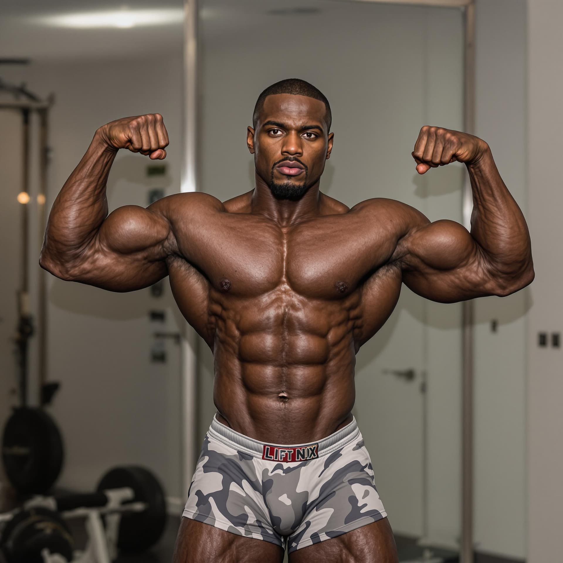 AI generated: a black bodybuilder in gym shorts giving a power pose