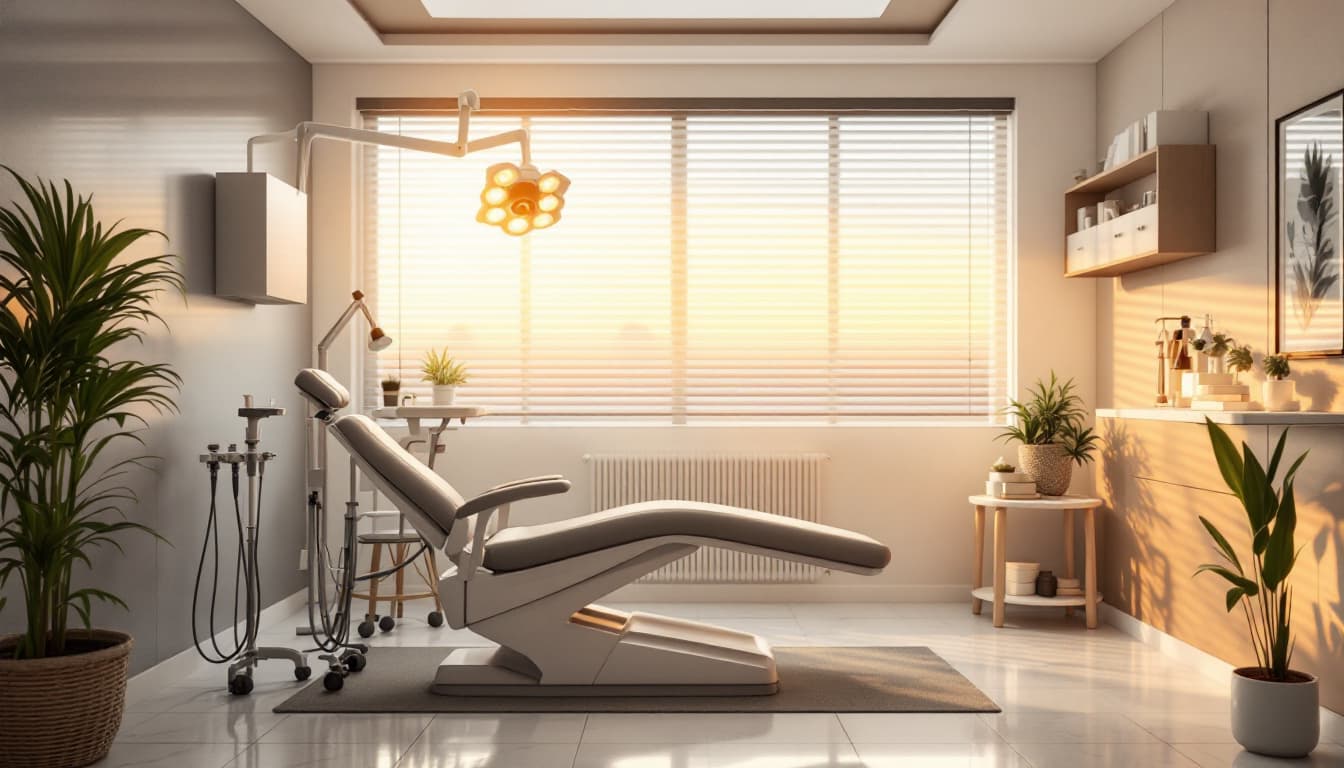 AI generated: MODERN DOCTORS PRACTICE BRIGHT COZY GOLDEN HOUR LIGHT --no people
