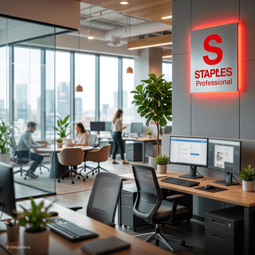 AI generated: I want a background for a teams meeting where it looks like a main office setting with the logo of S...