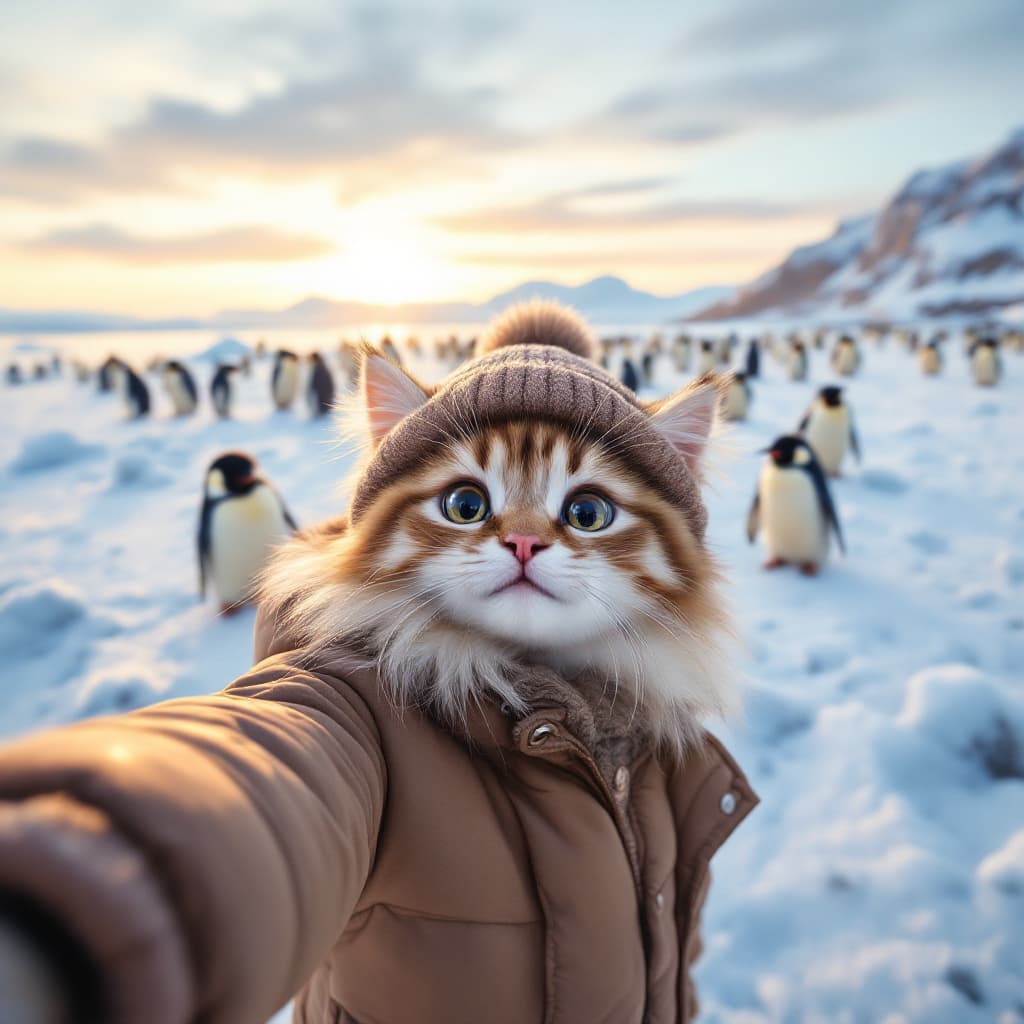 AI generated: In the snow, there is an ice field with many penguins standing on it. A cute baby cat wearing a brow...