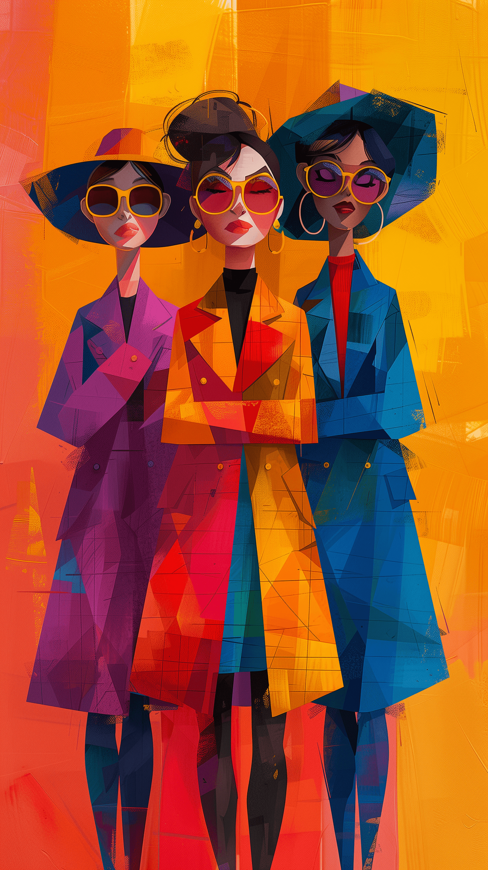 AI generated: illustration, women, three, yellow, outlines --ar 9:16