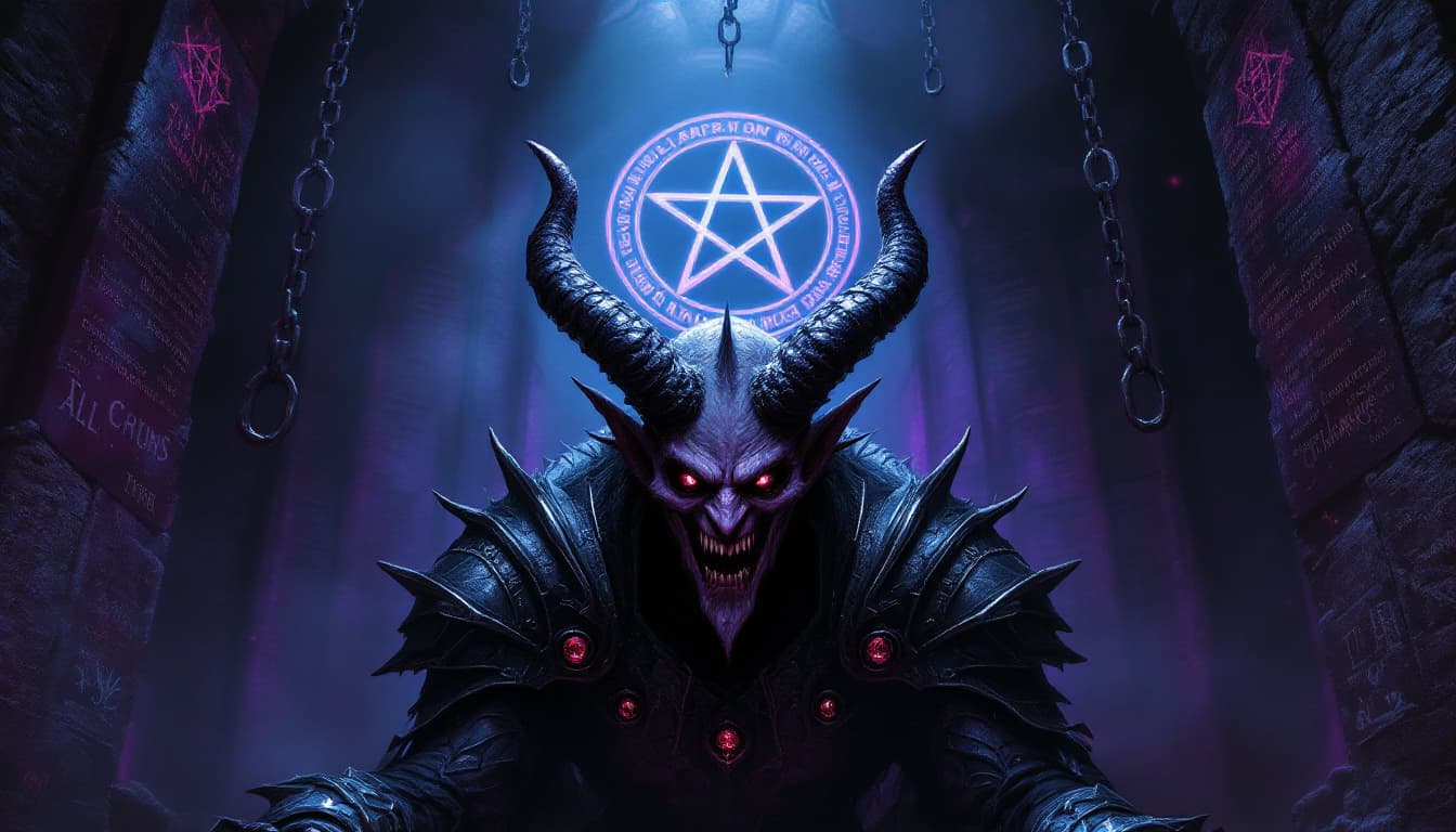 AI generated: A digital art of a demonic figure with multiple eyes and horns, set in a dark, mystical environment....
