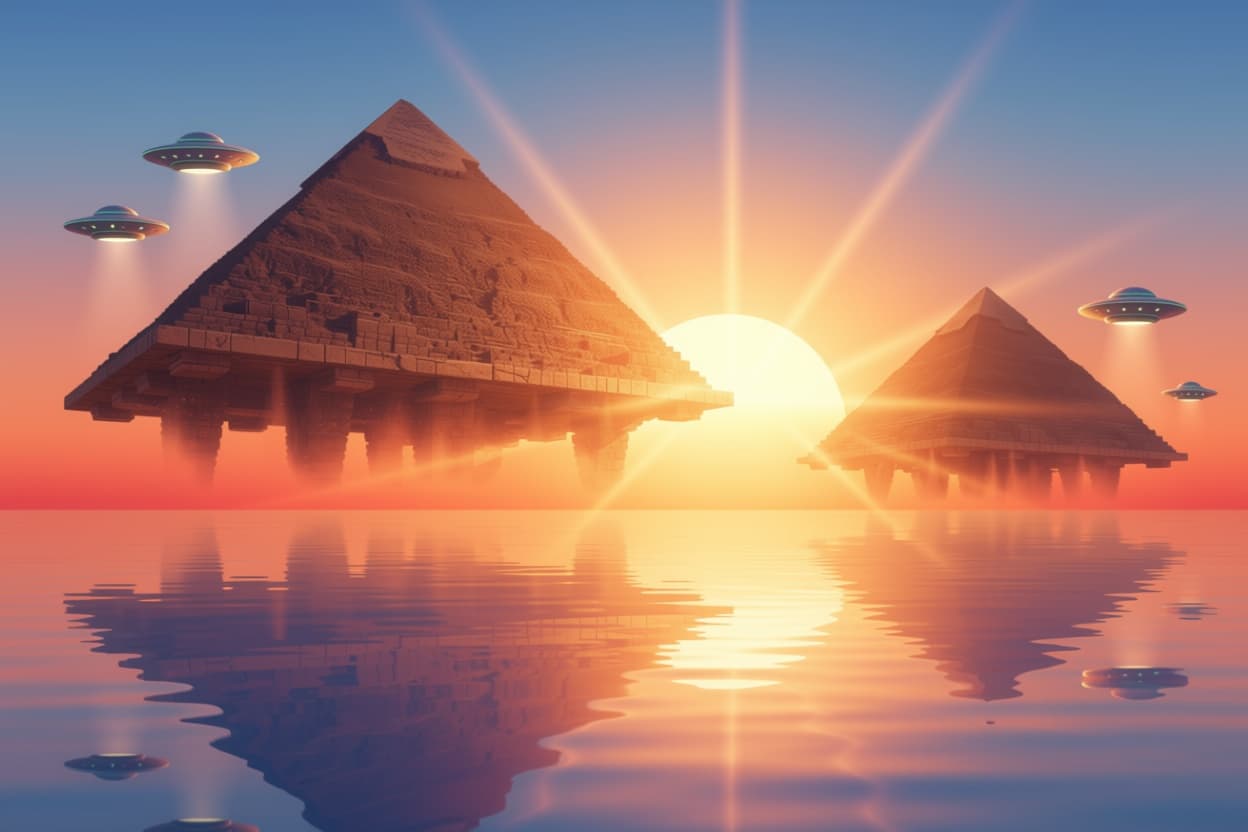 AI generated: _divide,upper_half,horizon,sunrise,orange pyramids rising in the air and flying saucers,_sky,red_sky...