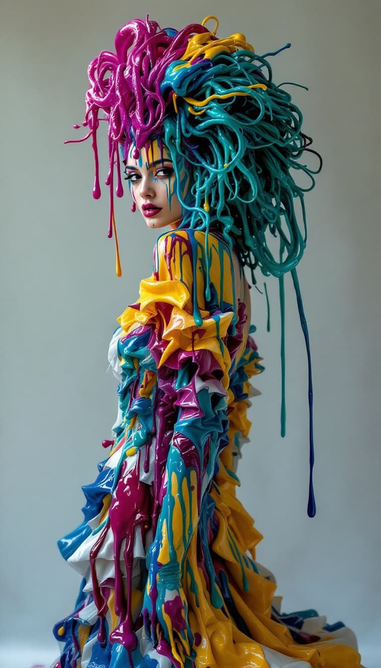AI generated: FluidArt, human body covered in paint, dancer pose,photoshoot pose, dramatic, tri-color, long sleeve...