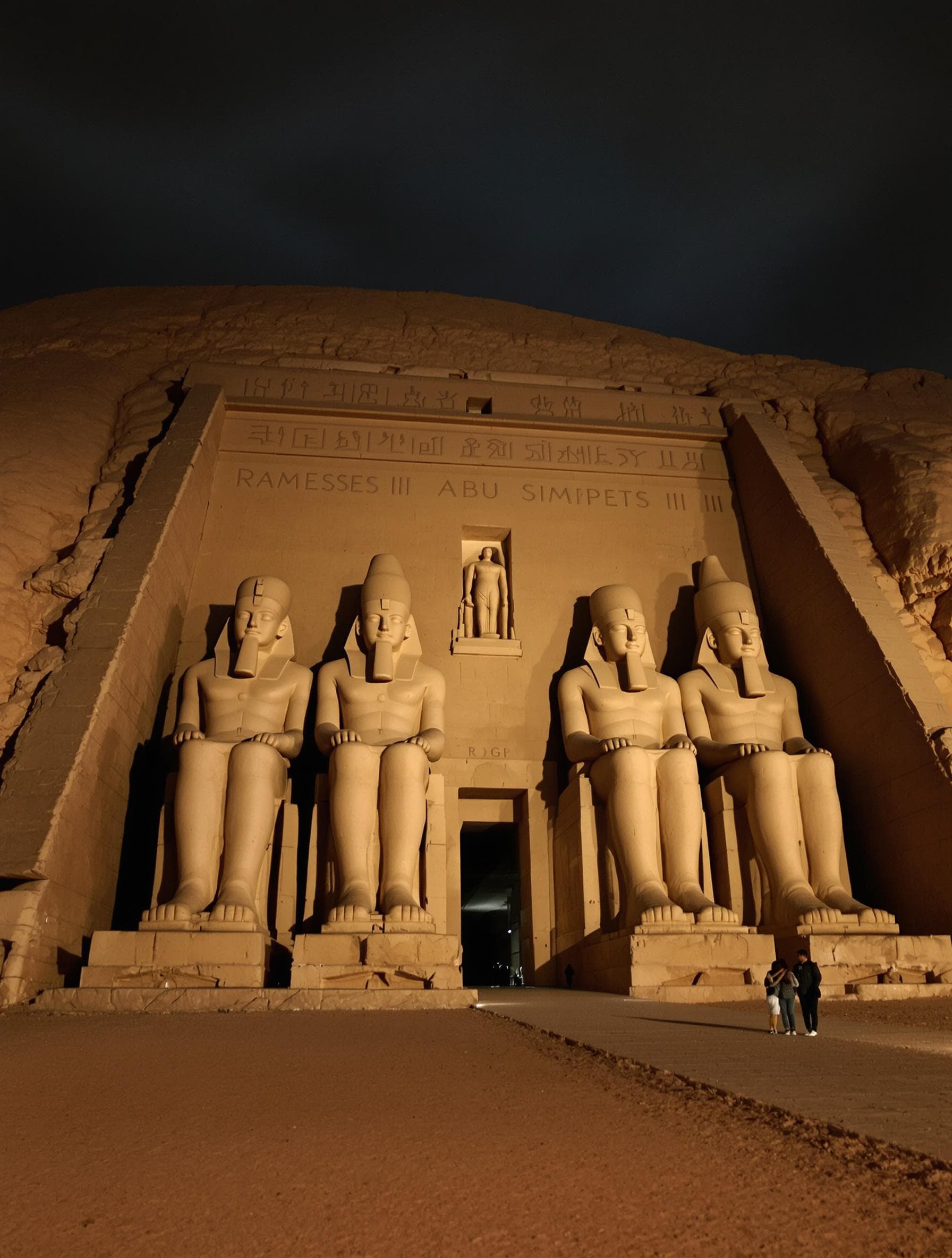 AI generated: The image shows the Great Temple of Ramesses II at Abu Simbel, Egypt, a monumental rock-cut structur...