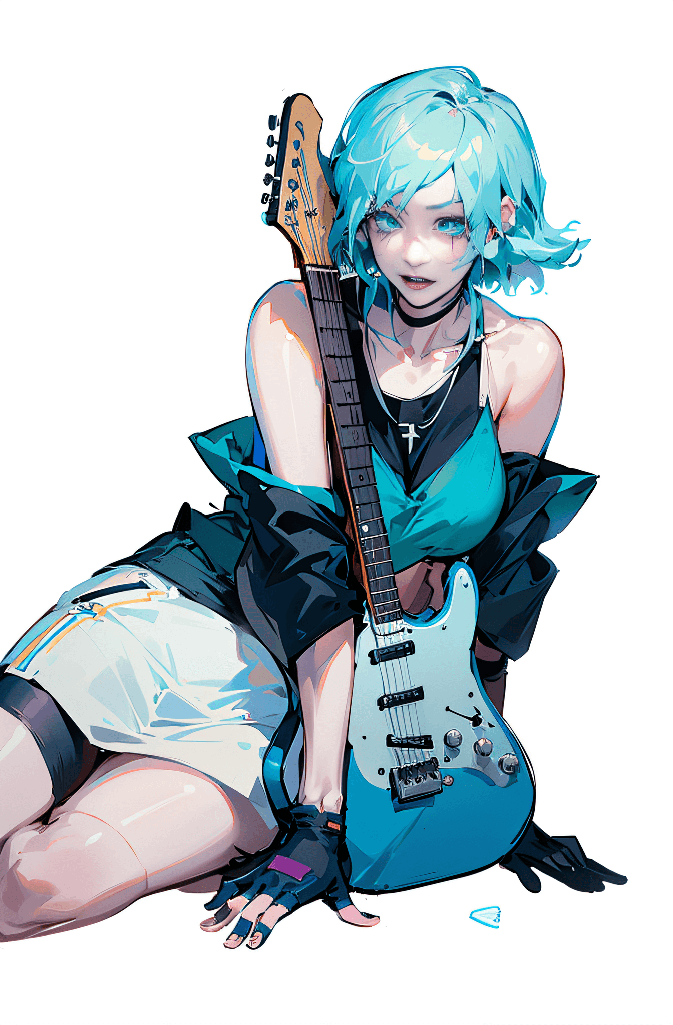 AI generated: anime girl with guitar sitting on the ground with her legs crossed, chloe price, neferpitou, she has...